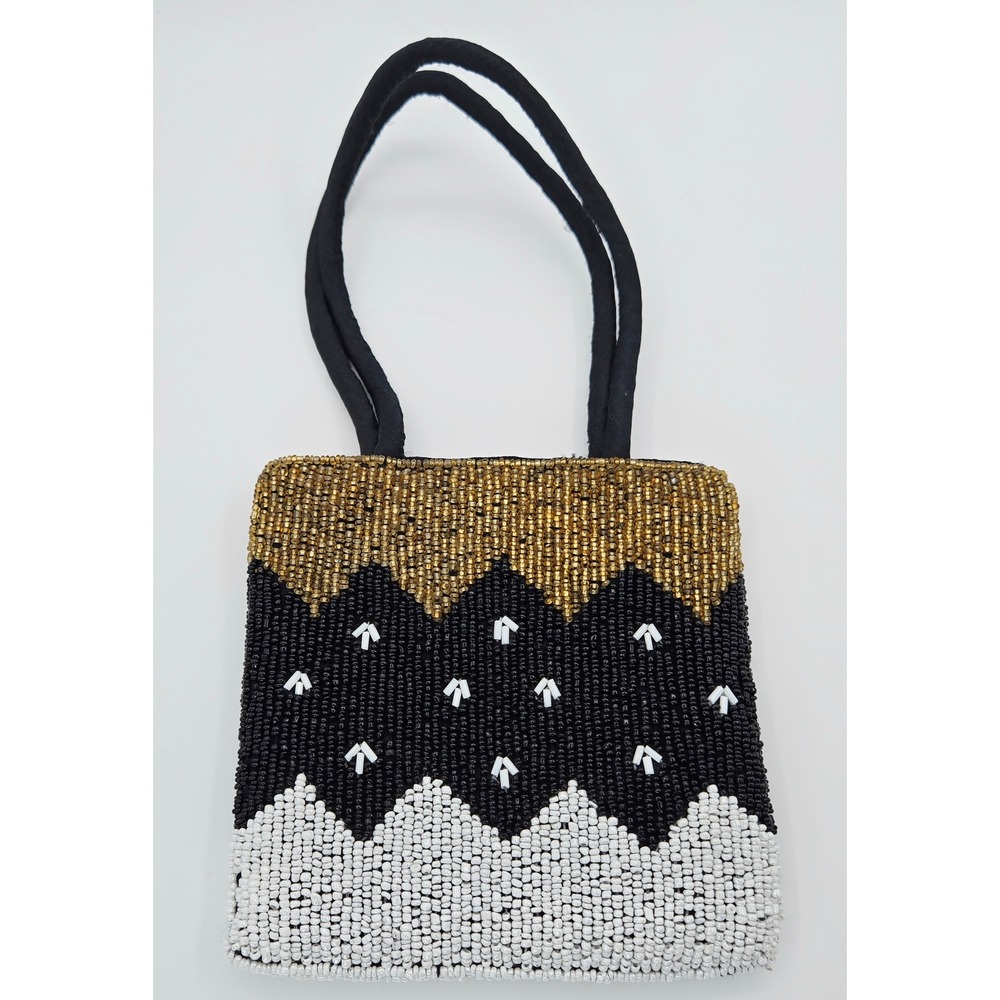 Hobby Lobby Beaded Mini Tote Handbag Gold Black White Chevron Evening Purse 5"
